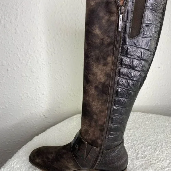 Ladies Donald J Pliner Brown Suede Alligator Knee High Zip Up Boots Size: 6.5 M - Picture 7 of 16